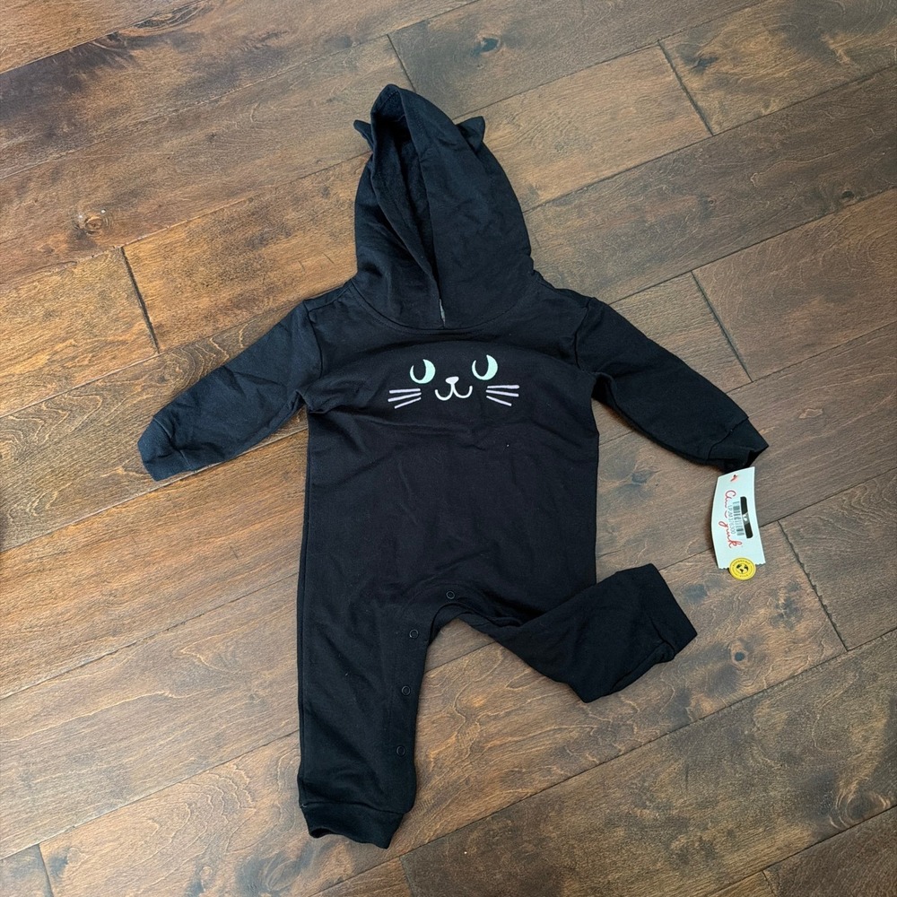 Cat & Jack Baby 3-6 M Black Cat Hooded Jumpsuit Romper with Ears NWT Halloween